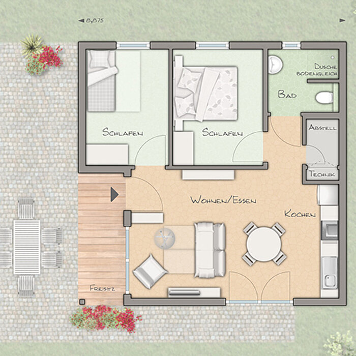 Grundriss des 61m²-Ferienhauses mit Terrasse und Zimmeraufteilung